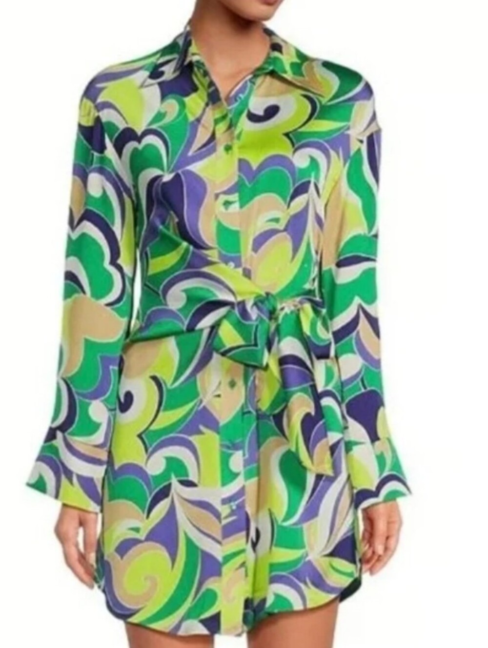 GIANNI BINI Mina Pebble Crepe Swirl Collar Long Sleeve Faux Wrap Dress NWT